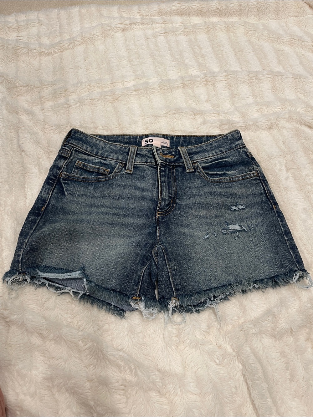 SO Dark Blue Distressed Denim Shorts with Frayed Hem, size 5/27 W